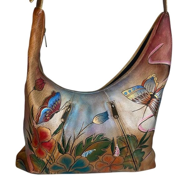 Anuschka Hand painted Leather Satchel Bag in Butterfly Floral - Picture 4 of 16